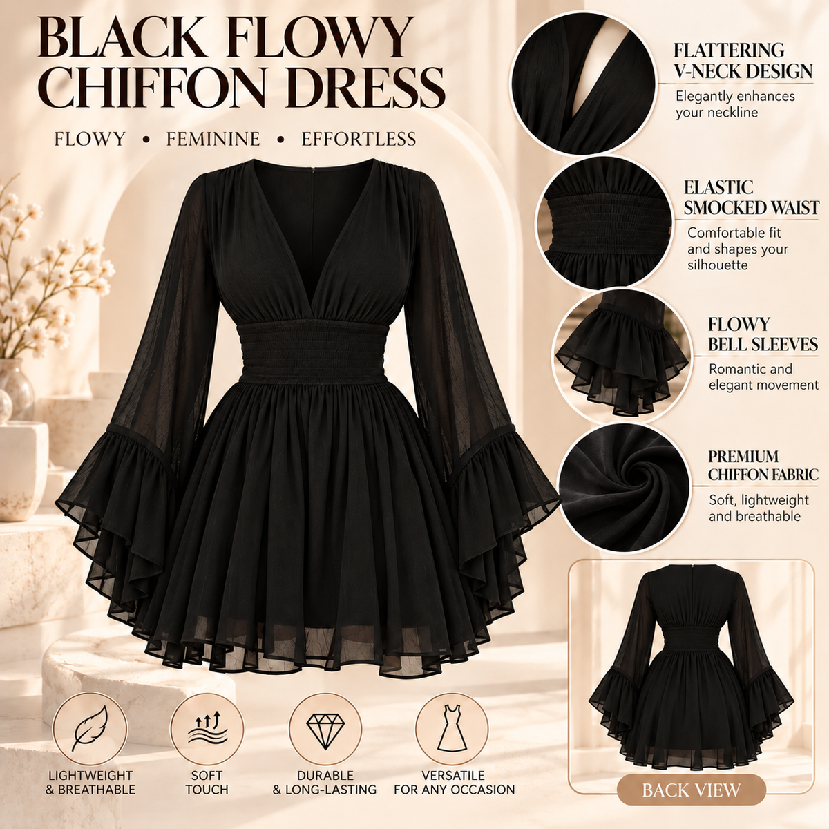 BLACK FLOWY CHIFFON DRESS