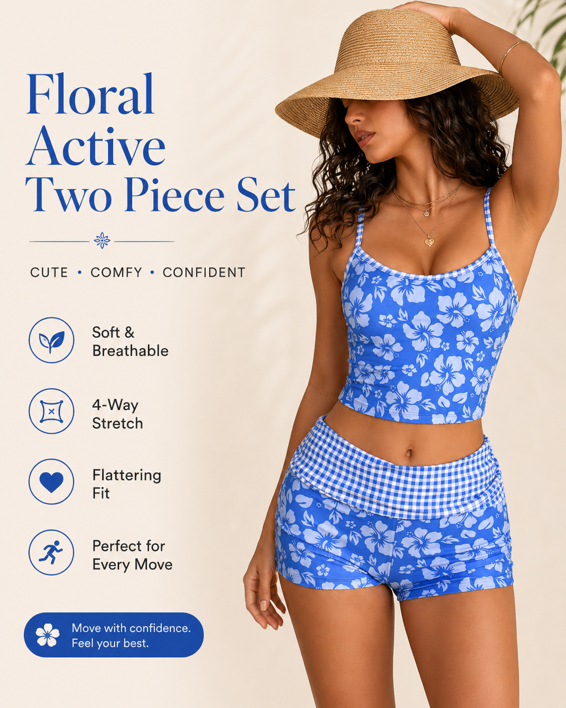 Peppermolly two-piece swimsuit with hibiscus print.