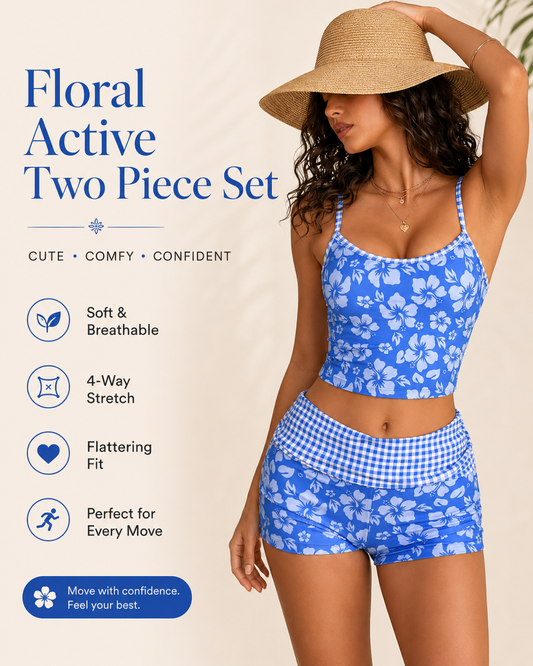 Peppermolly two-piece swimsuit with hibiscus print.