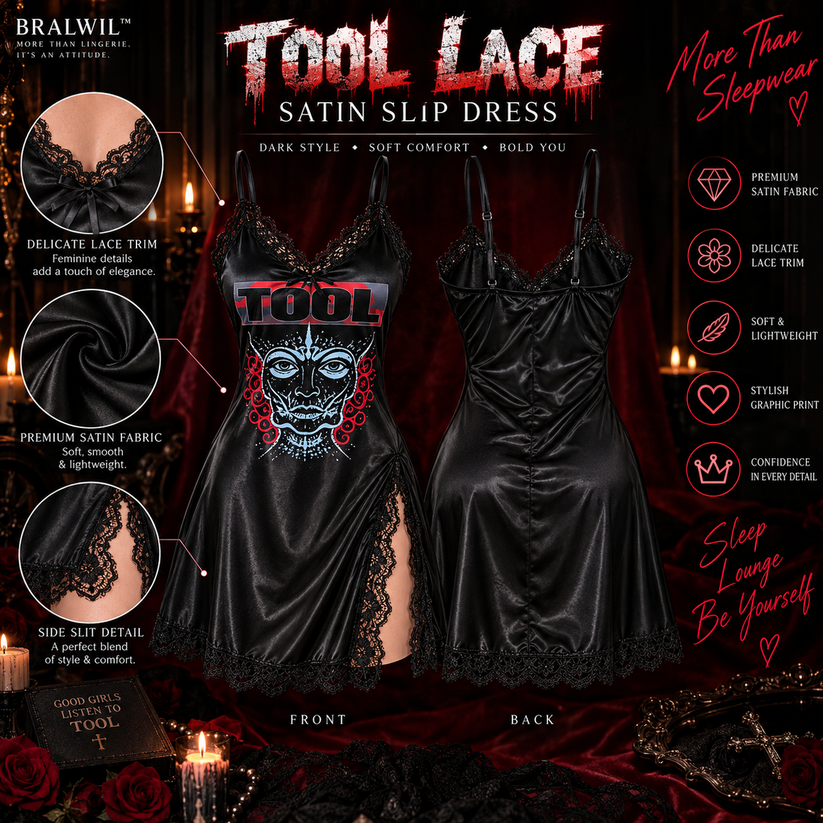 TOOL LACE SATIN SLIP DRESS